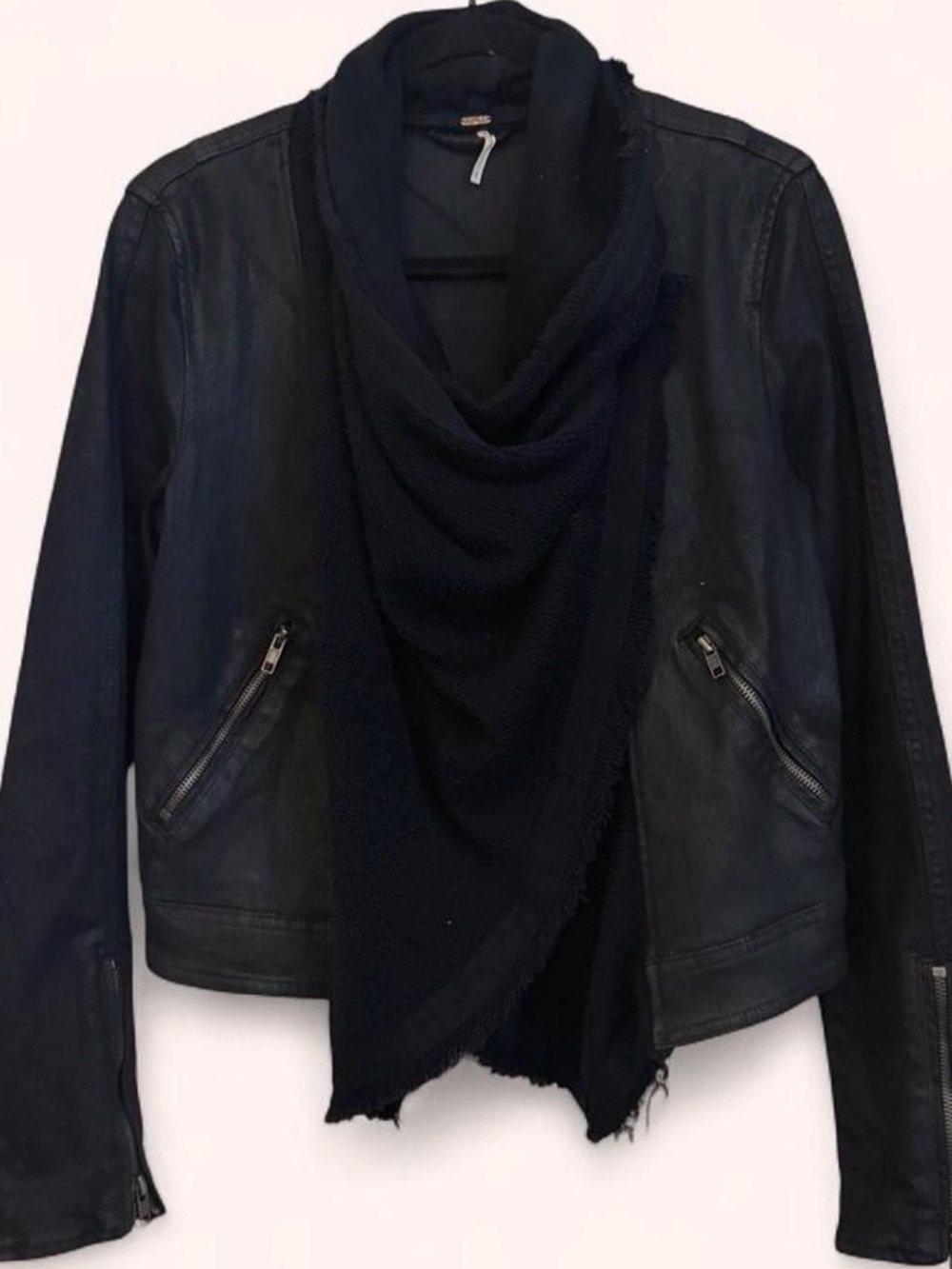 Vintage Free People Black Faux-Leather Jacket with Draped Knit Scarf